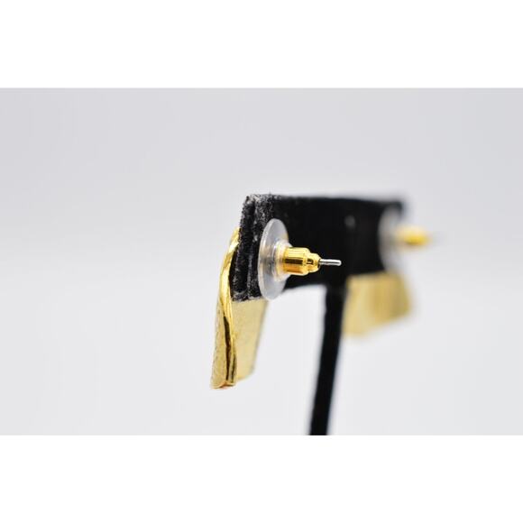 Vintage Pierced Earrings Brushed Gold Textured Rhinestone Shiny NOS 1980s BinAA - Picture 9 of 11